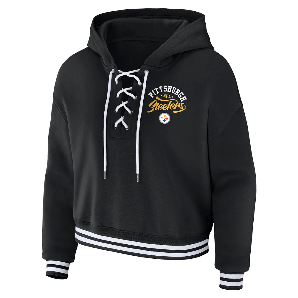 Women's WEAR by Erin Andrews Black Pittsburgh Steelers Lace-Up Pullover Hoodie