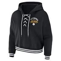 Women's WEAR by Erin Andrews Black Pittsburgh Steelers Lace-Up Pullover Hoodie