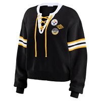 Women's WEAR by Erin Andrews Black  Pittsburgh Steelers Lace-Up Sweater