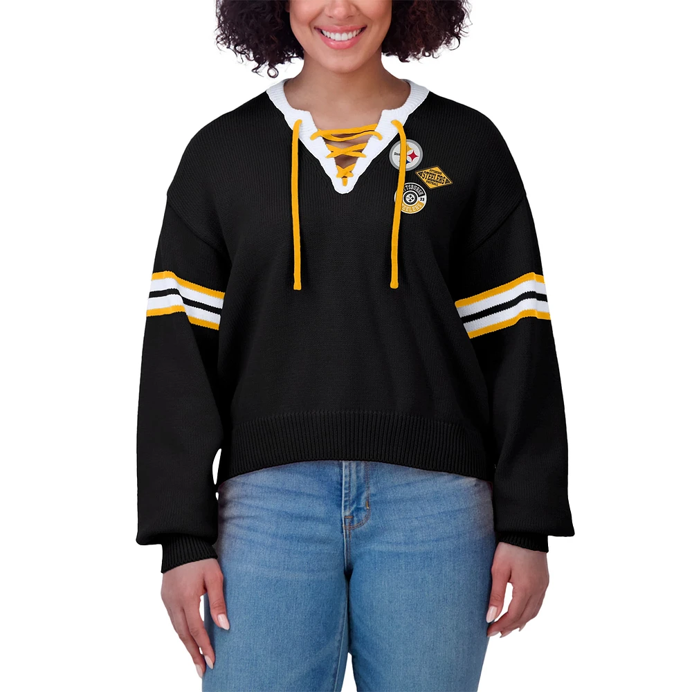 Women's WEAR by Erin Andrews Black  Pittsburgh Steelers Lace-Up Sweater