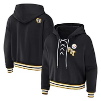 Women's WEAR by Erin Andrews Black Pittsburgh Steelers Plus Lace-Up Pullover Hoodie