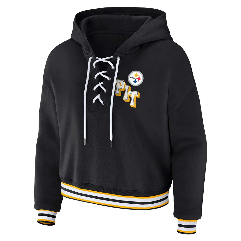 Women's WEAR by Erin Andrews Black Pittsburgh Steelers Plus Lace-Up Pullover Hoodie