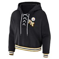Women's WEAR by Erin Andrews Black Pittsburgh Steelers Plus Lace-Up Pullover Hoodie