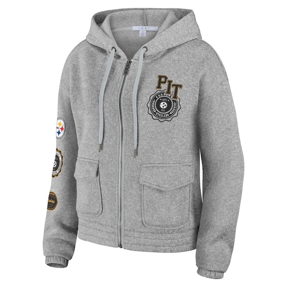 Women's WEAR by Erin Andrews Heather Gray Pittsburgh Steelers Full-Zip Hoodie