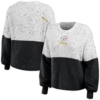 Women's WEAR by Erin Andrews  White/Black Pittsburgh Steelers Lighweight Modest Crop Color-Block Pullover Sweater