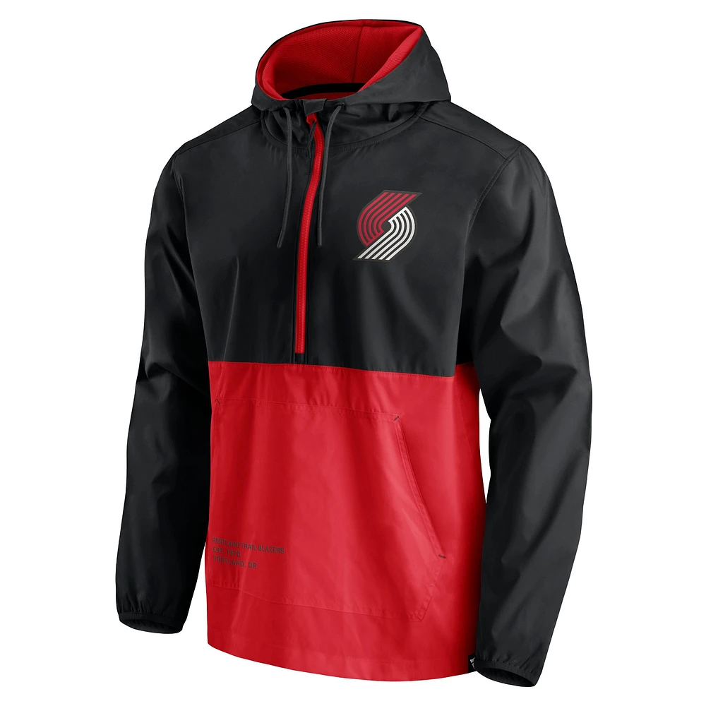 Men's Fanatics Black/Red Portland Trail Blazers Anorak Block Party Windbreaker Half-Zip Hoodie Jacket