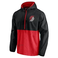 Men's Fanatics Black/Red Portland Trail Blazers Anorak Block Party Windbreaker Half-Zip Hoodie Jacket