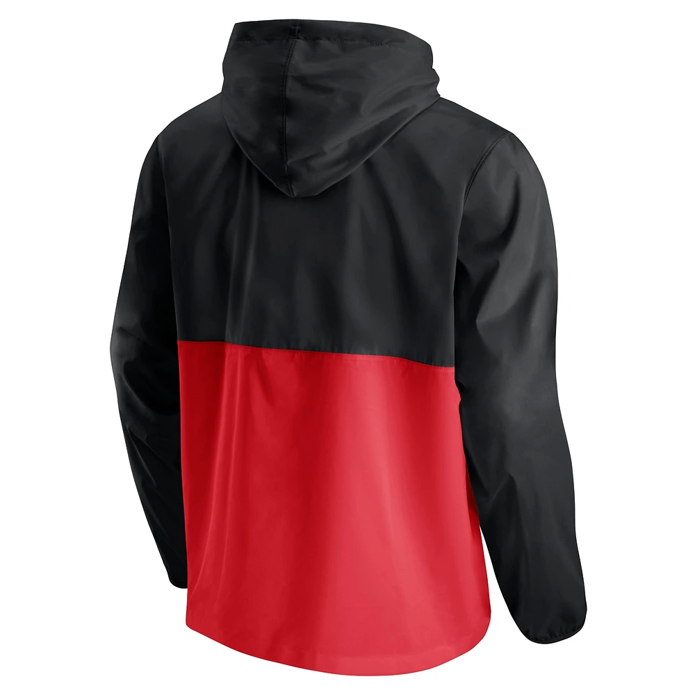 Men's Fanatics Black/Red Portland Trail Blazers Anorak Block Party Windbreaker Half-Zip Hoodie Jacket