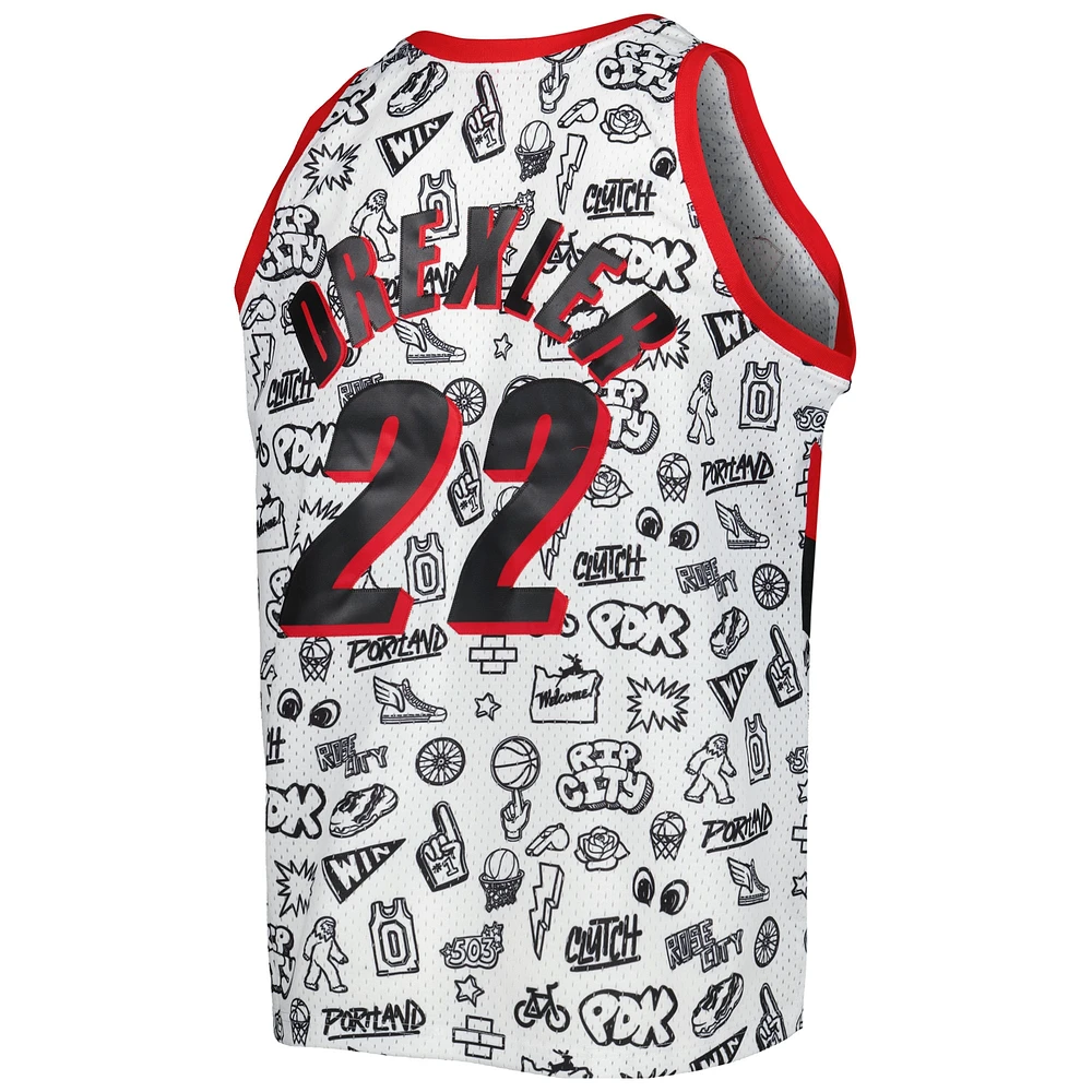 Men's Mitchell & Ness Clyde Drexler White Portland Trail Blazers 1991/92 Hardwood Classics Doodle Swingman Player Jersey