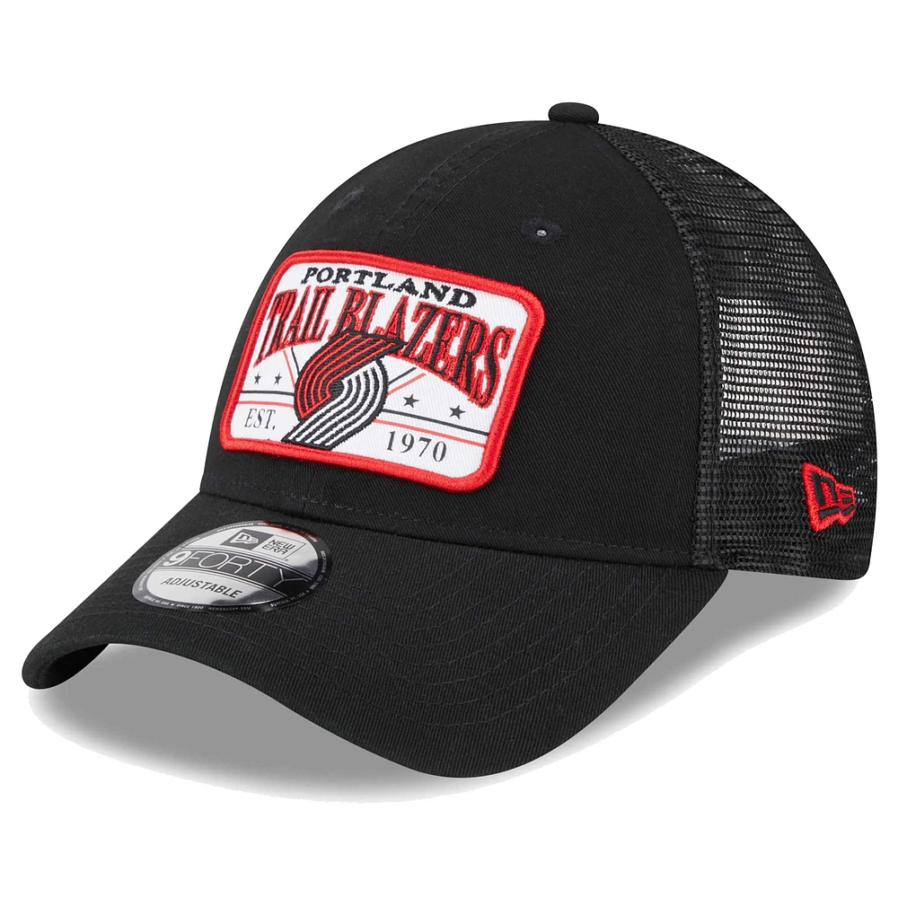 Men's New Era  Black Portland Trail Blazers Plate Oversized Patch Trucker 9FORTY Adjustable Hat