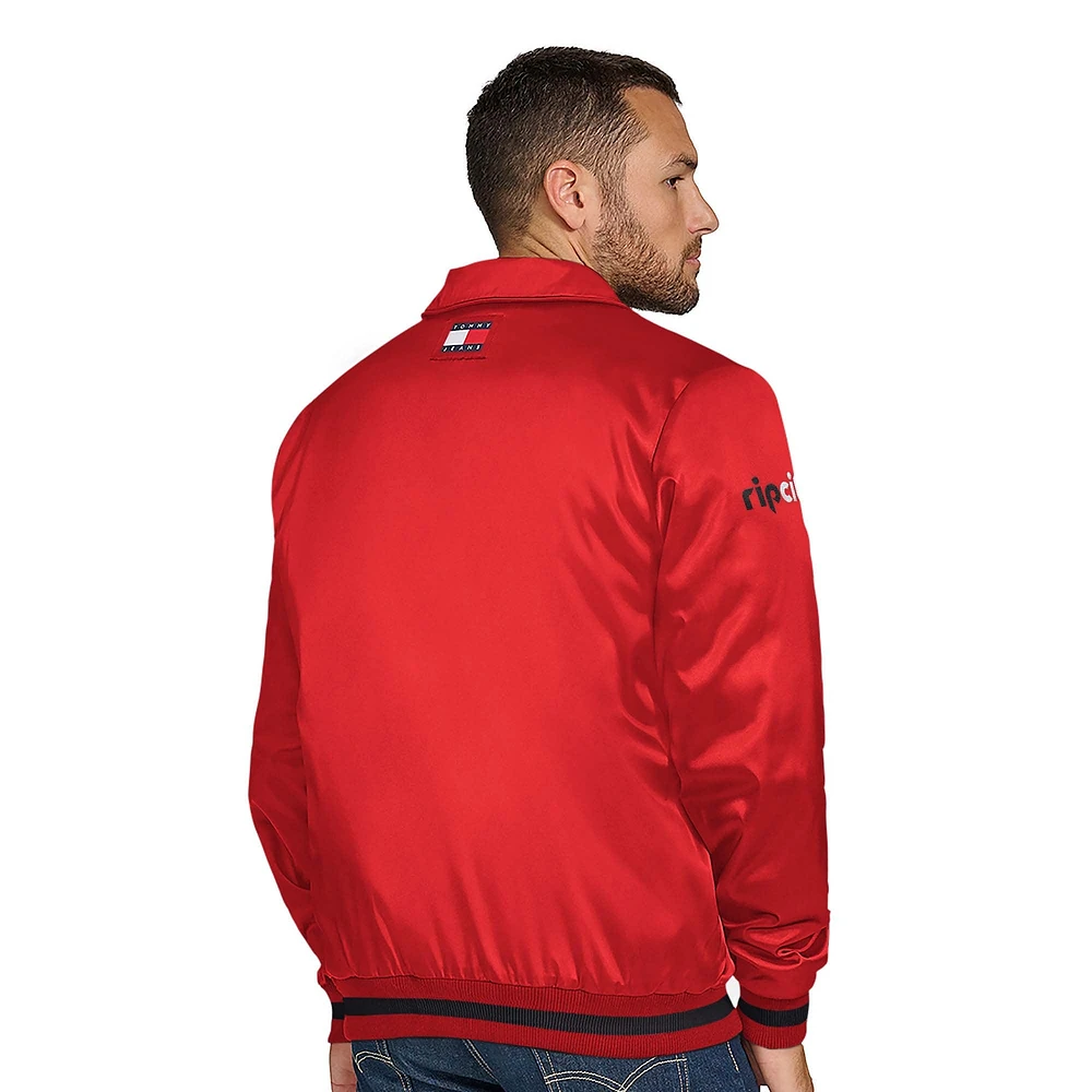 Men's Tommy Jeans Red Portland Trail Blazers Jacob Chain Stitch Applique Full-Snap Varsity Jacket