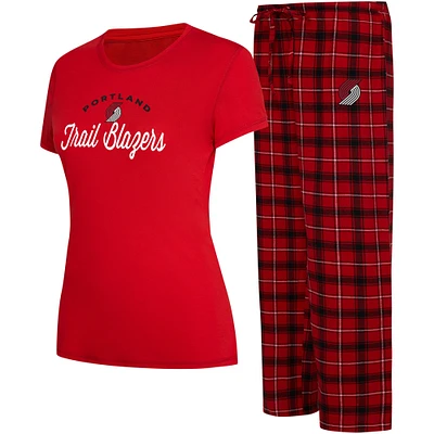Ensemble de nuit College Concepts pour femmes, t-shirt et pantalon en flanelle Portland Trail Blazers Arctic, rouge/noir
