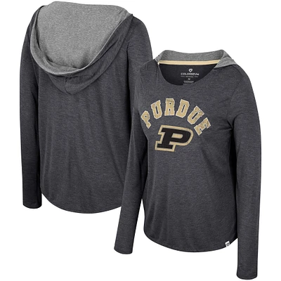 T-shirt à capuche manches longues pour femmes Colosseum Black Purdue Boilermakers Distressed Heather