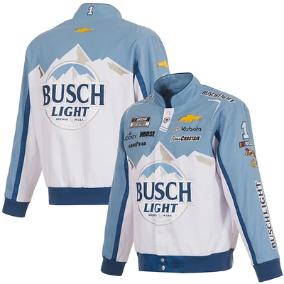 Veste d'uniforme légère en sergé à boutons-pression Ross Chastain Busch pour homme de JH Design, blanche/bleu clair