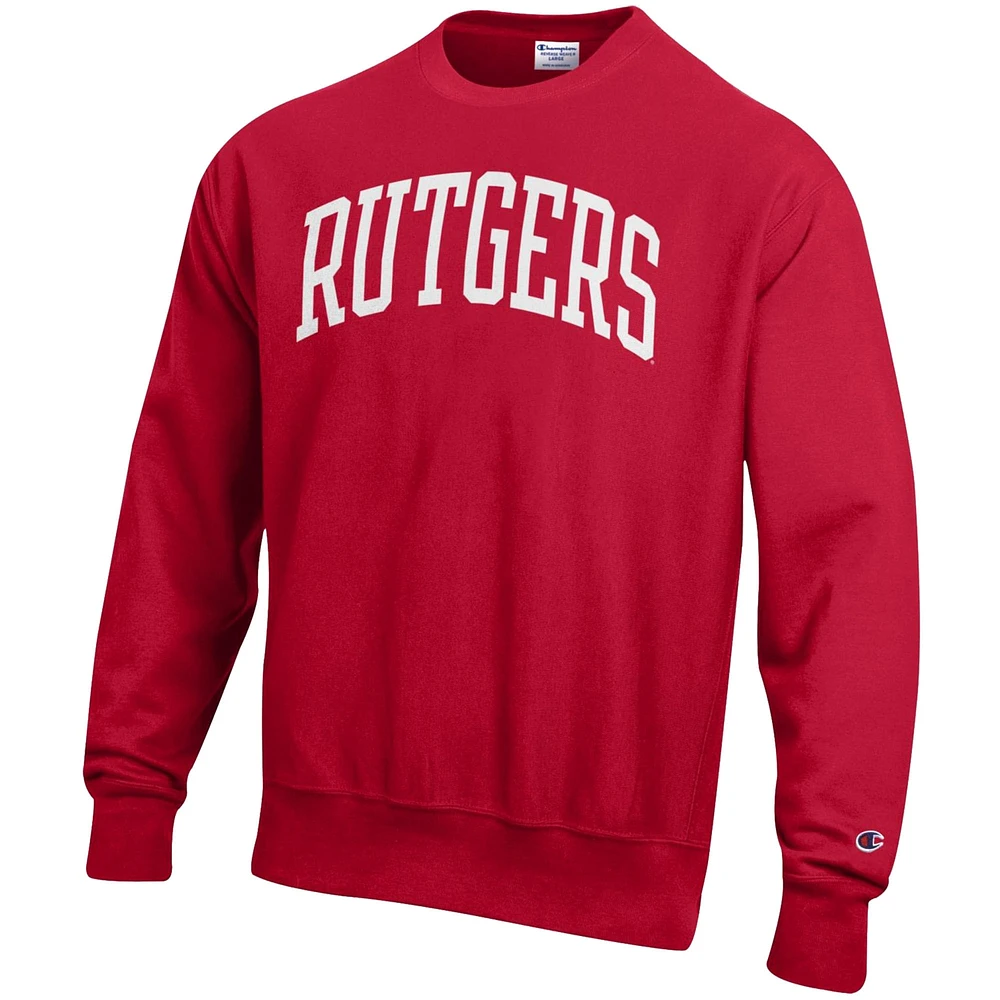 Men's Champion Scarlet Rutgers Knights Arch Reverse Weave Pullover Sweatshirt