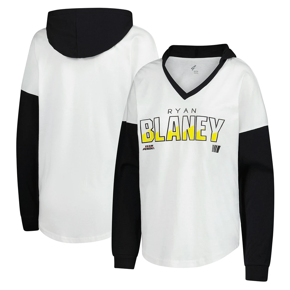 Women's G-III 4Her by Carl Banks White/Black Ryan Blaney Bench Player Oversized Long Sleeve Hoodie V-Neck T-Shirt