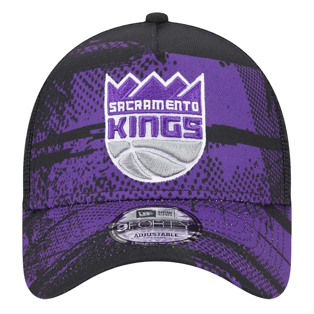Men's New Era Black/Purple Sacramento Kings Tip Off A-Frame Trucker 9FORTY Adjustable Hat