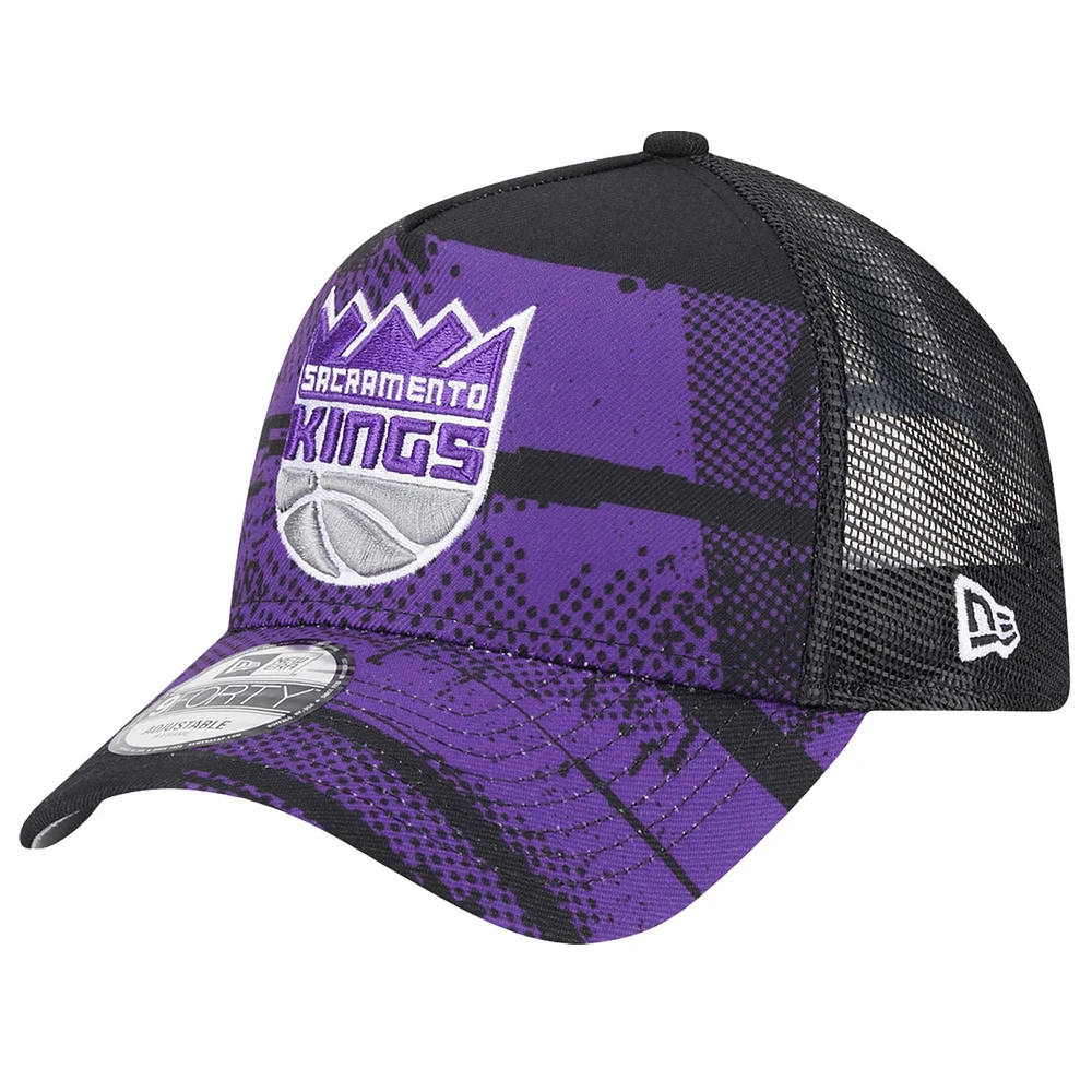 Men's New Era Black/Purple Sacramento Kings Tip Off A-Frame Trucker 9FORTY Adjustable Hat