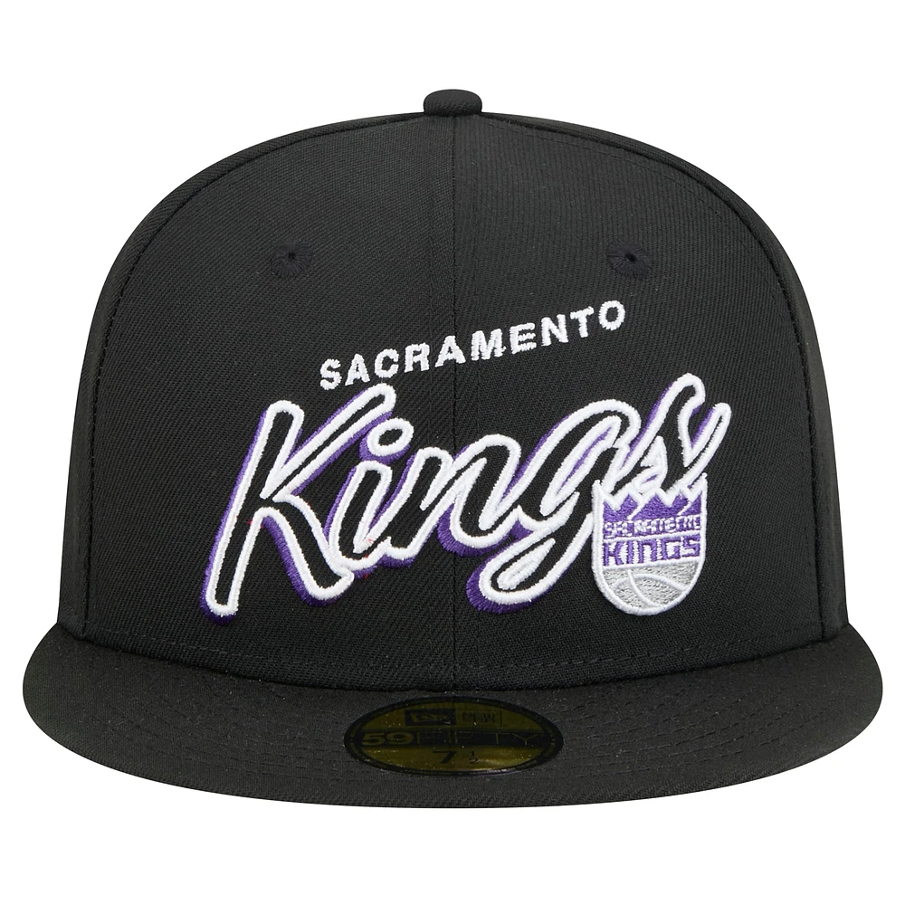 Men's New Era Black Sacramento Kings Sport Night Script Sided 59FIFTY Fitted Hat