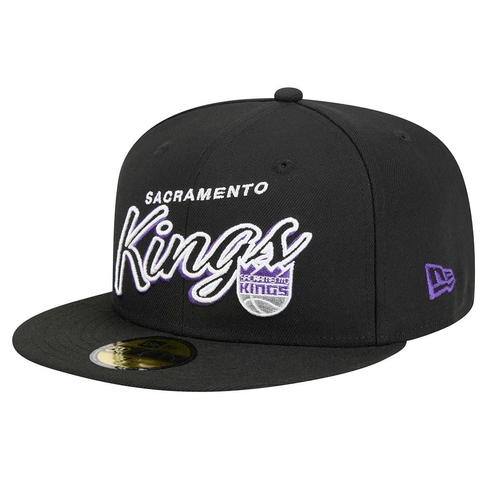 Men's New Era Black Sacramento Kings Sport Night Script Sided 59FIFTY Fitted Hat