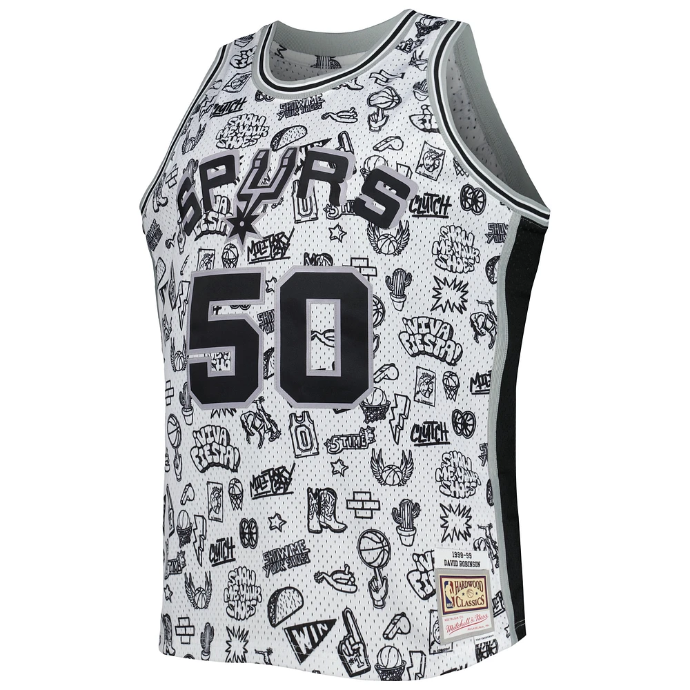 Men's Mitchell & Ness David Robinson White San Antonio Spurs 1998/99 Hardwood Classics Doodle Swingman Player Jersey