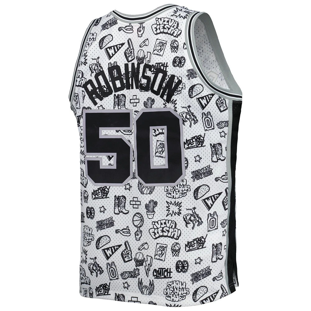 Men's Mitchell & Ness David Robinson White San Antonio Spurs 1998/99 Hardwood Classics Doodle Swingman Player Jersey