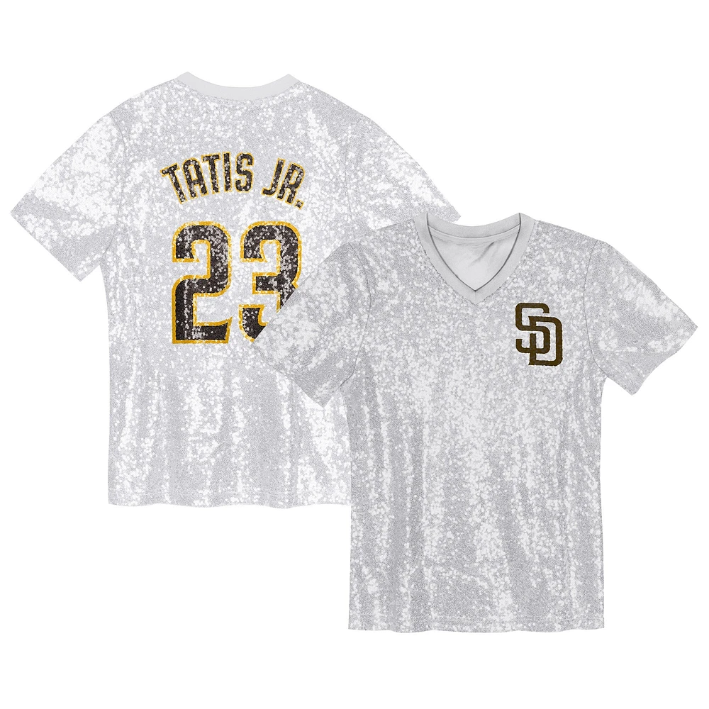 Juniors Fernando Tatis Jr. White San Diego Padres Name & Number Sequin V-Neck Top