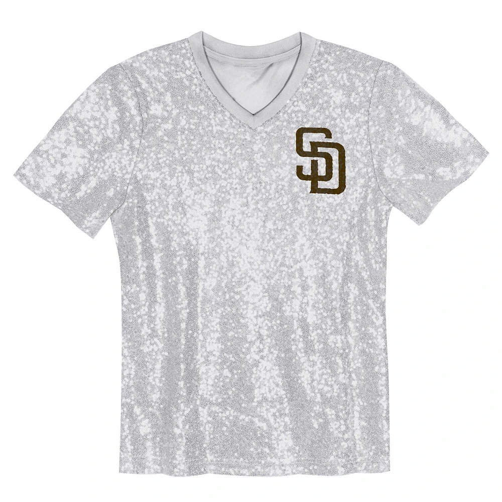 Juniors Fernando Tatis Jr. White San Diego Padres Name & Number Sequin V-Neck Top