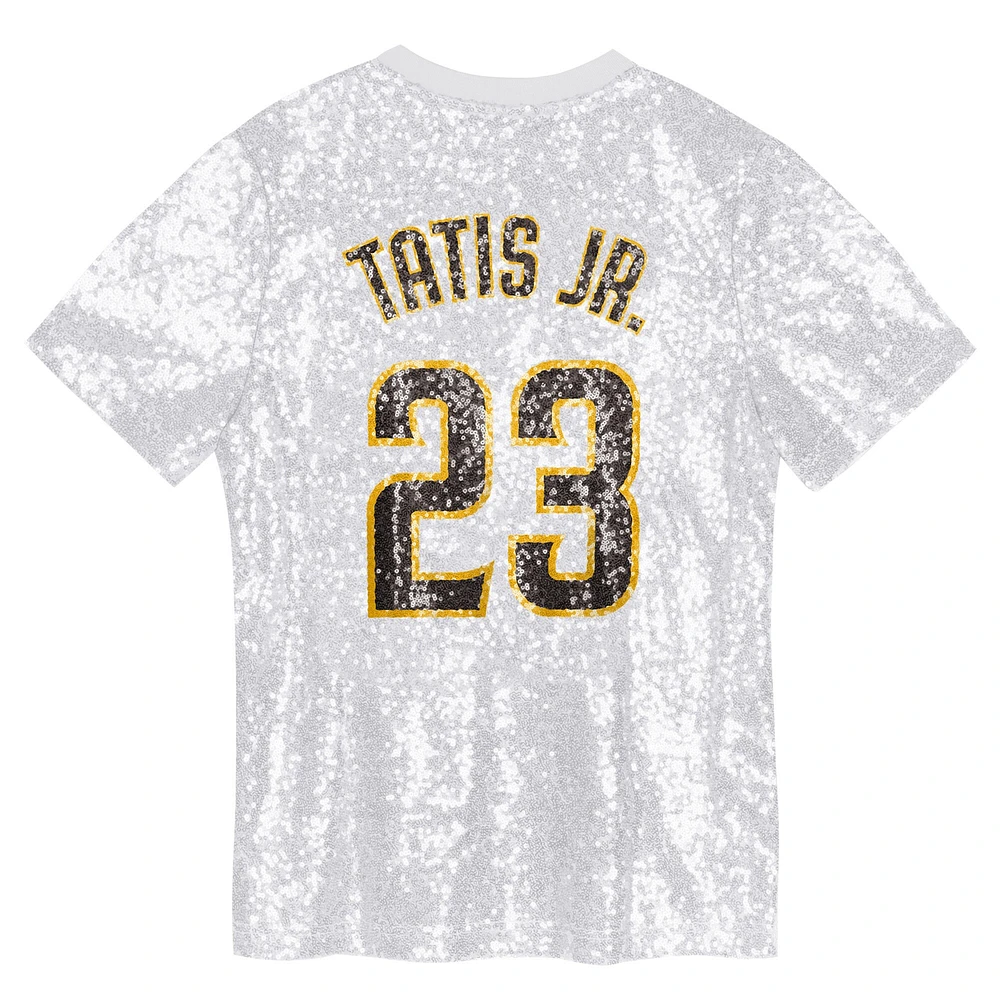 Juniors Fernando Tatis Jr. White San Diego Padres Name & Number Sequin V-Neck Top