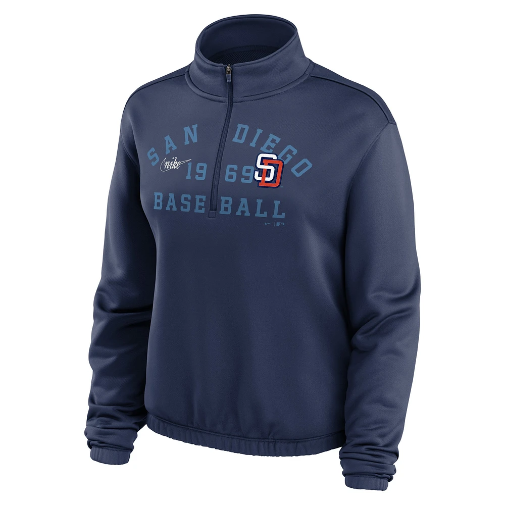 Sweat-shirt semi-court à demi-zip et ourlet bulle Nike bleu marine pour femmes des San Diego Padres Rewind Splice
