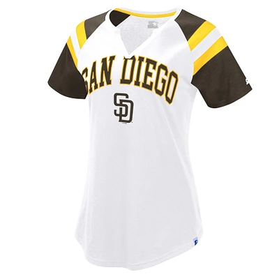 T-shirt raglan Game On Notch Neck blanc/marron pour femme des Padres de San Diego