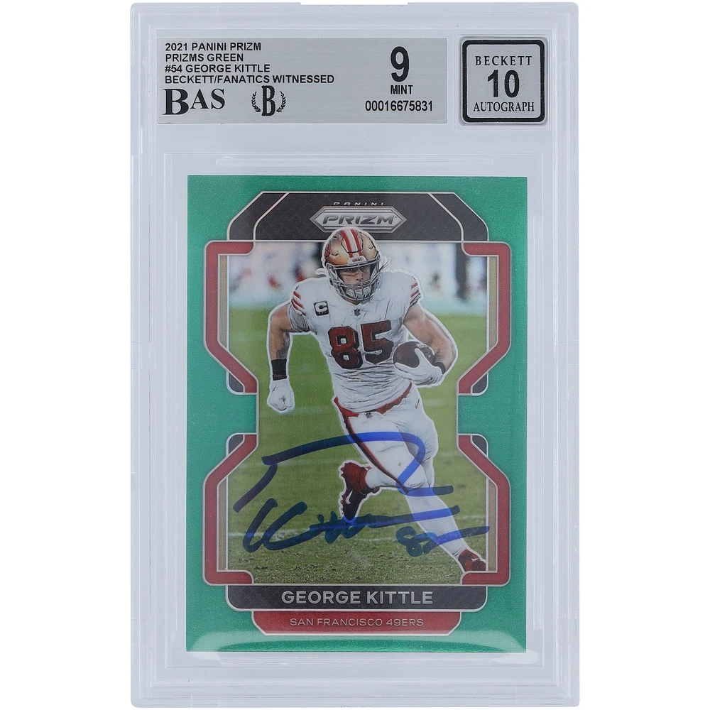 Carte Panini Prizm verte 2021 autographiée par George Kittle des 49ers de San Francisco Prizm #54 Beckett Fanatics Witnessed Authenticated 9/10