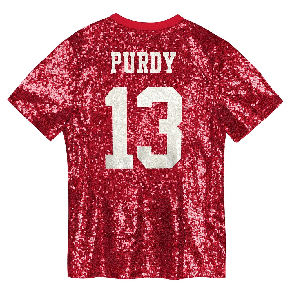 Maillot à col en V sequins pour jeunes filles Brock Purdy Scarlet San Francisco 49ers