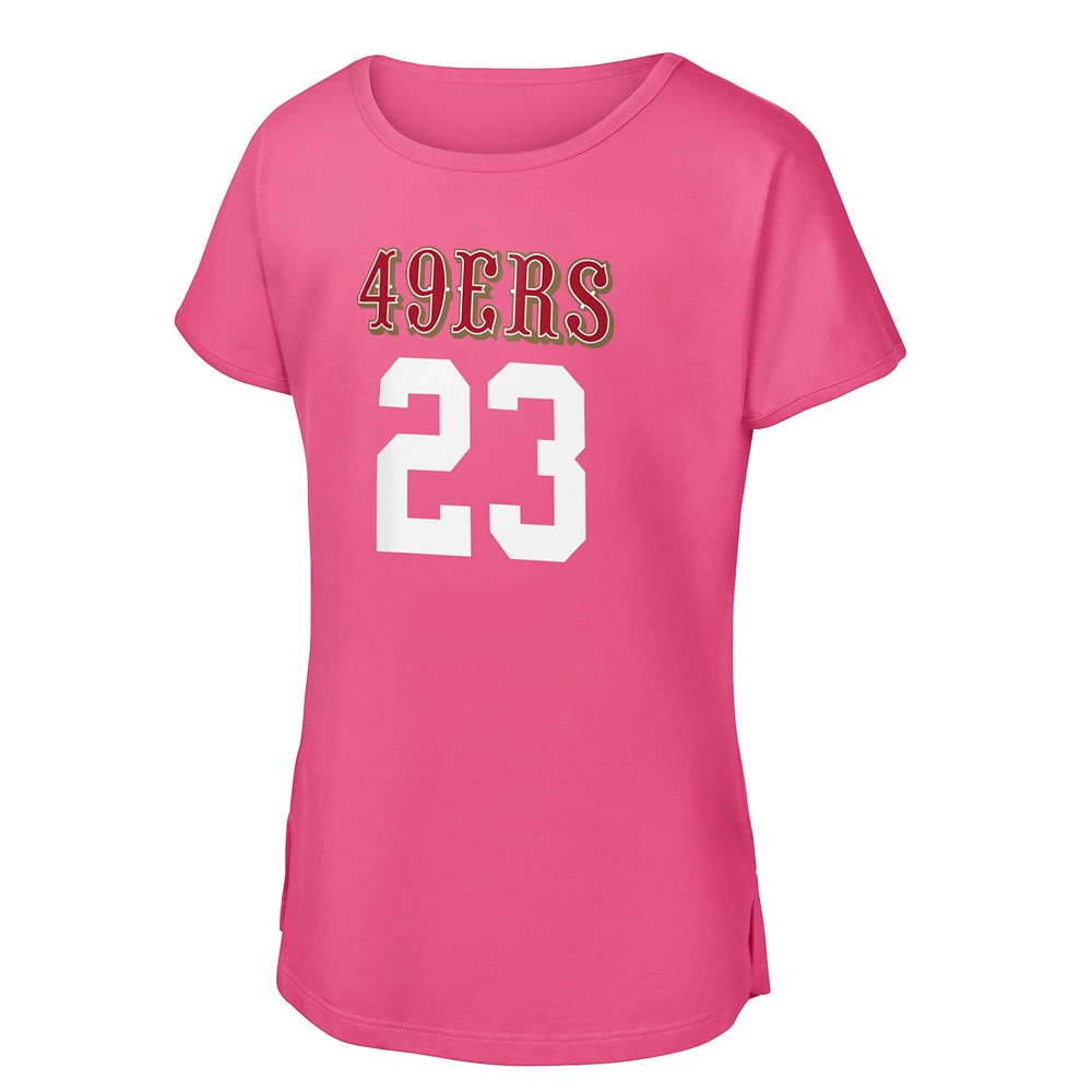 T-shirt rose pour jeunes filles Christian McCaffrey avec nom et numéro de joueur des 49ers San Francisco
