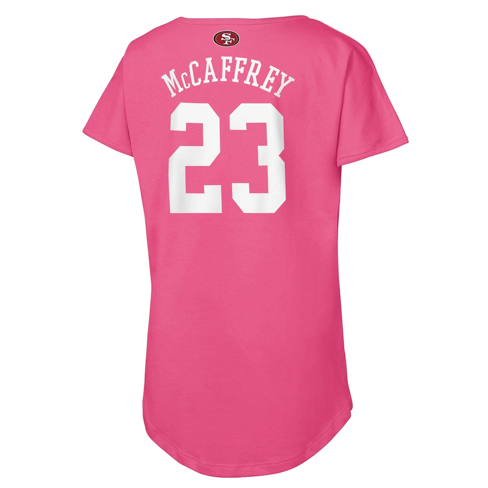 T-shirt rose pour jeunes filles Christian McCaffrey avec nom et numéro de joueur des 49ers San Francisco