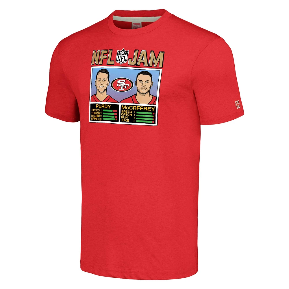 Hommage pour hommes Christian McCaffrey et Brock Purdy Scarlet San Francisco 49ers NFL Jam Tri-Blend T-Shirt