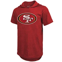 Men's Majestic Threads Christian McCaffrey Scarlet San Francisco 49ers Player Name & Number Tri-Blend Slim Fit Hoodie T-Shirt