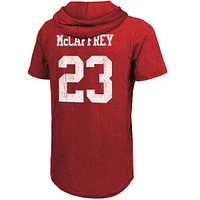 Men's Majestic Threads Christian McCaffrey Scarlet San Francisco 49ers Player Name & Number Tri-Blend Slim Fit Hoodie T-Shirt