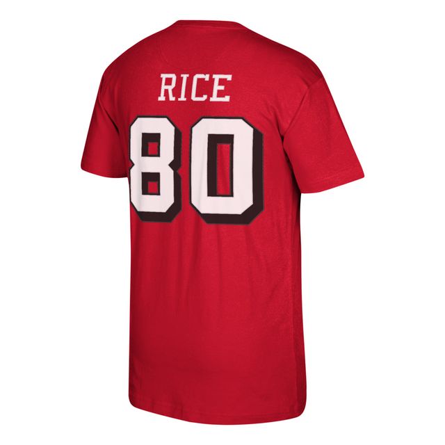 T-shirt pour homme Mitchell & Ness San Francisco 49ers Jerry Rice Scarlet, joueur retraité, nom et numéro