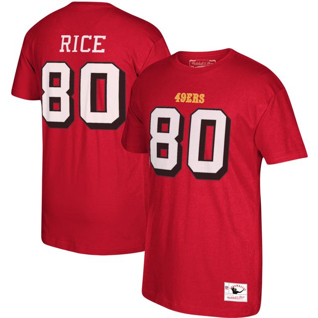 T-shirt pour homme Mitchell & Ness San Francisco 49ers Jerry Rice Scarlet, joueur retraité, nom et numéro