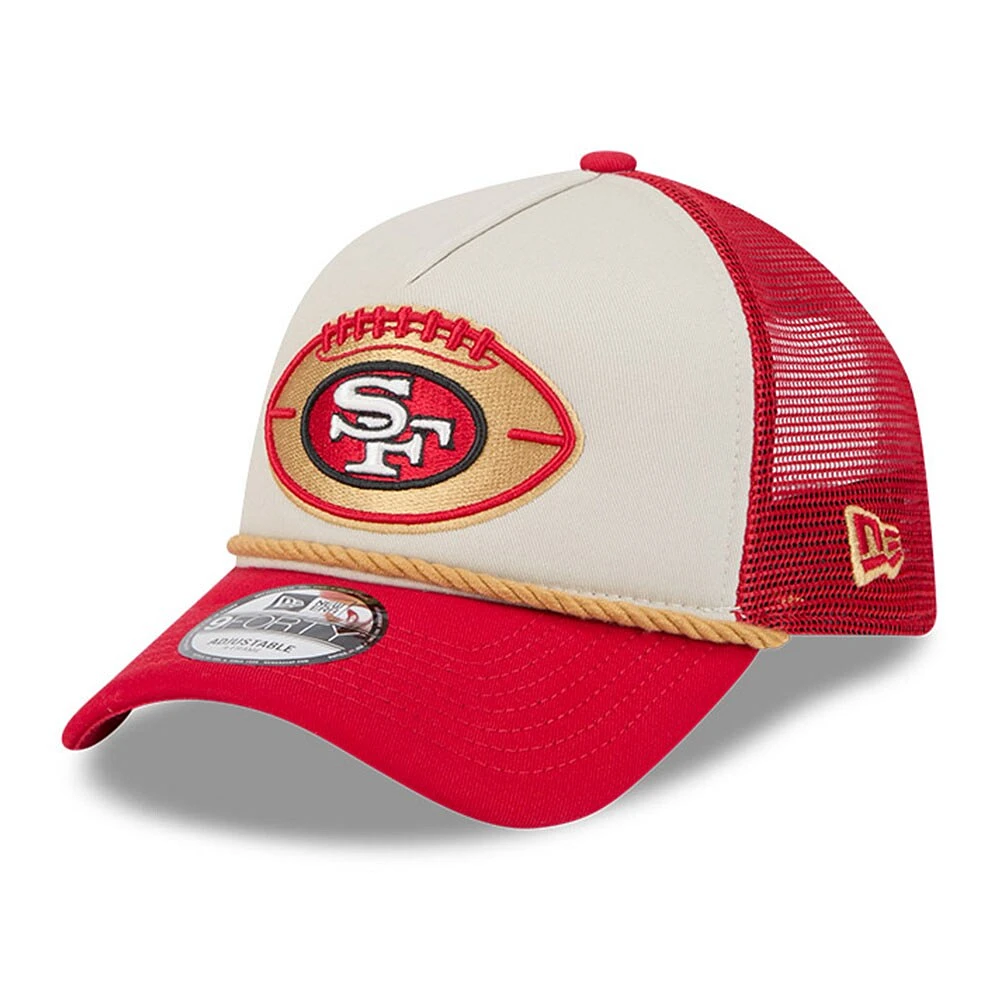 Men's New Era Stone/Scarlet San Francisco 49ers 2024 NFL Sideline Historic 9FORTY A-Frame Trucker Adjustable Hat