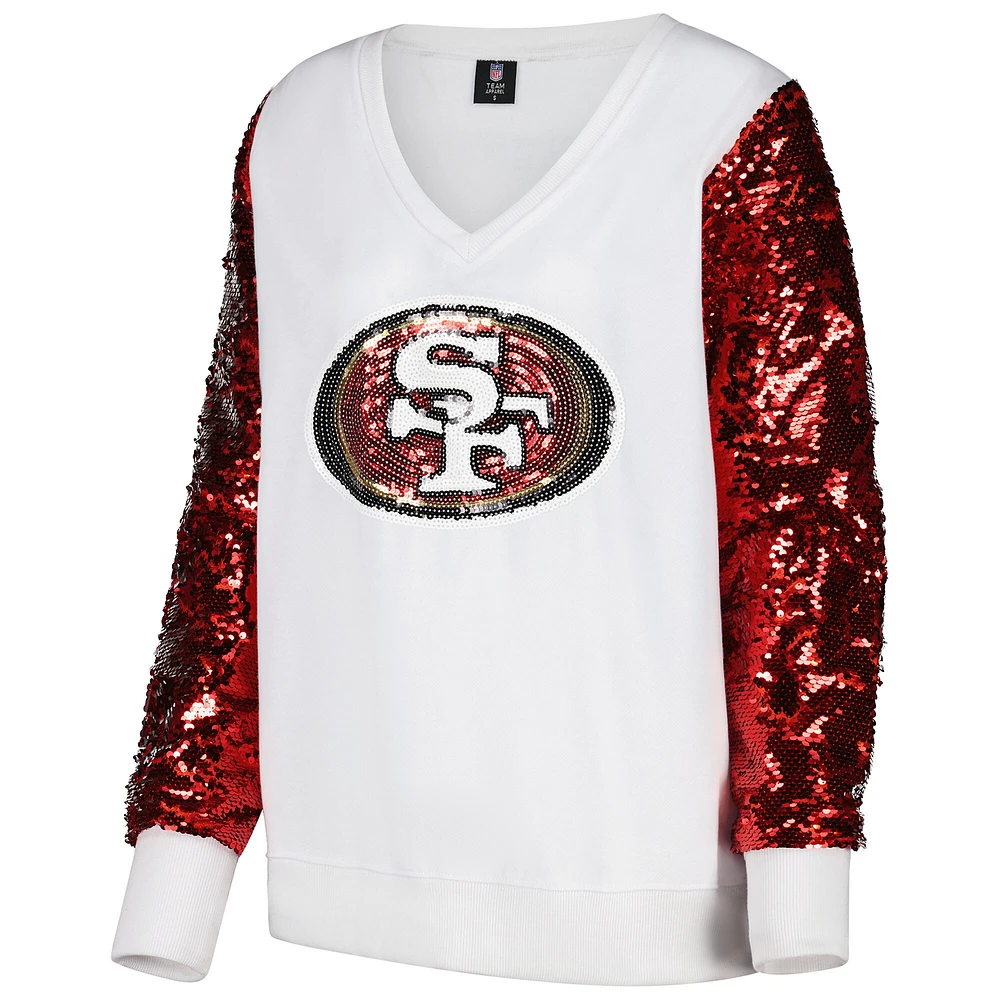 Women's Cuce White San Francisco 49ers Sequin Sleeve V-Neck Pullover Sweatshirt