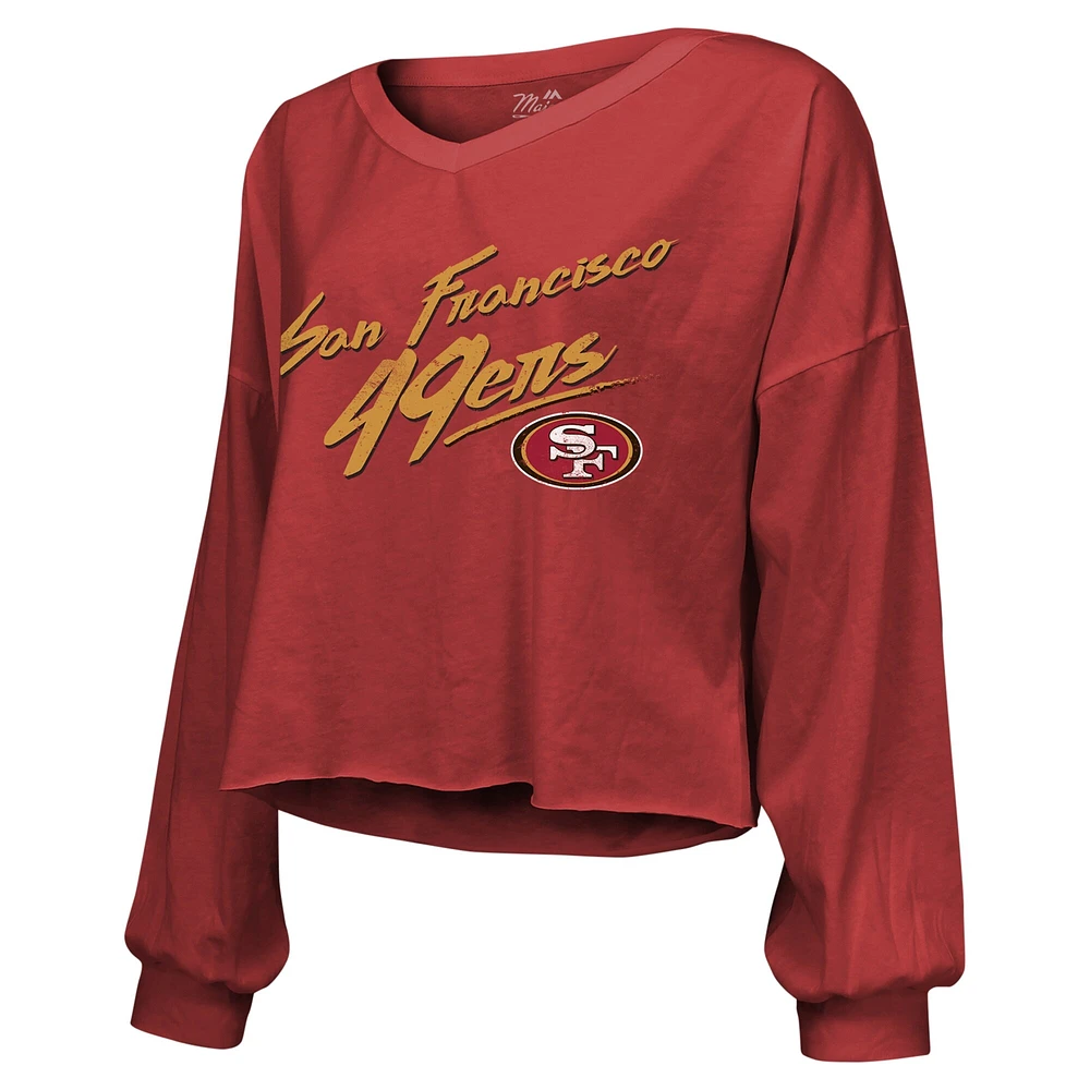 T-shirt court à manches longues et épaules dénudées Majestic Threads Brock Purdy Scarlet San Francisco 49ers pour femmes
