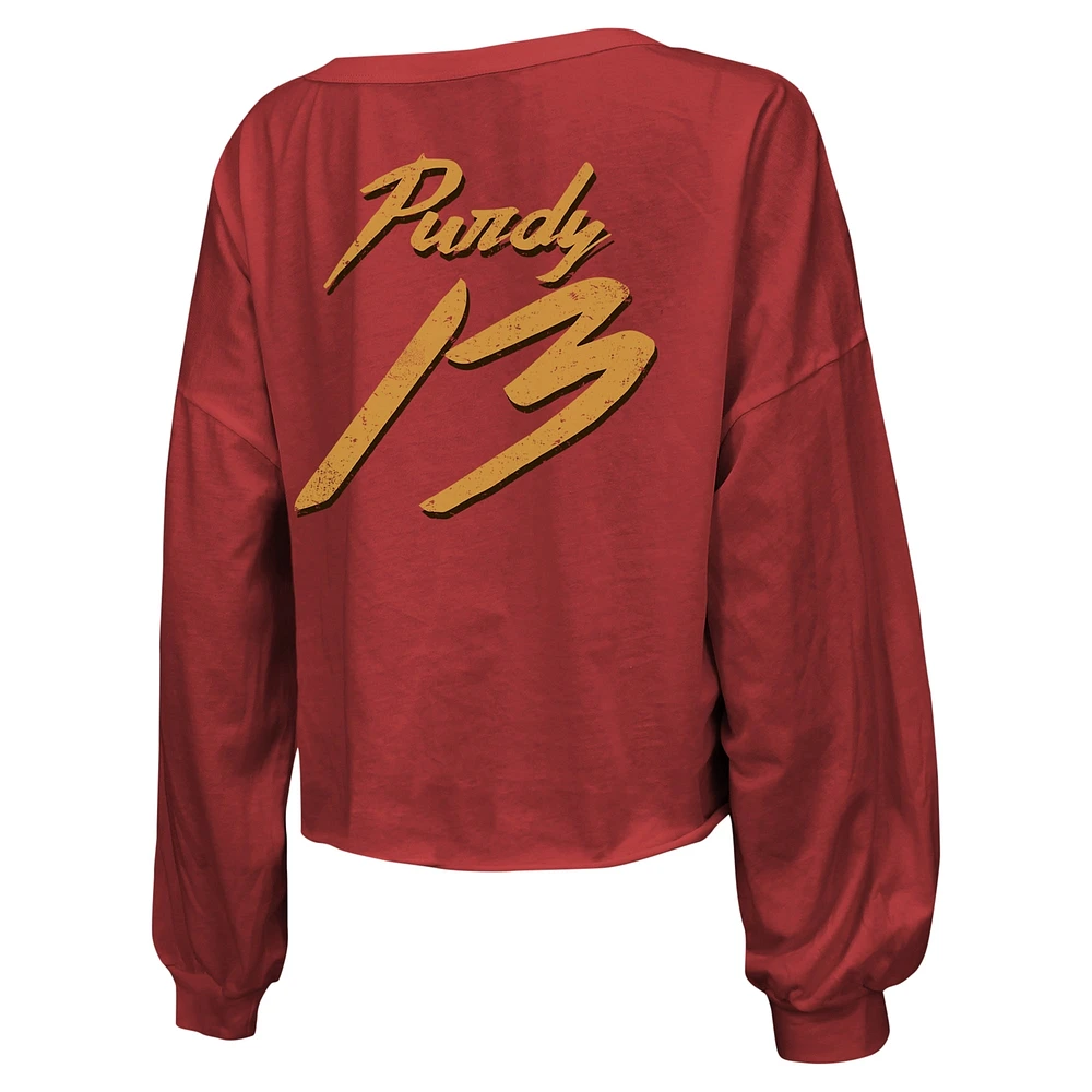 T-shirt court à manches longues et épaules dénudées Majestic Threads Brock Purdy Scarlet San Francisco 49ers pour femmes