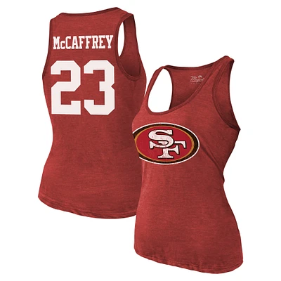 Débardeur tri-mélange avec nom et numéro Majestic Threads Christian McCaffrey Scarlet San Francisco 49ers pour femmes
