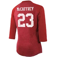 Women's Majestic Threads Christian McCaffrey Scarlet San Francisco 49ers Player Name & Number Tri-Blend 3/4-Sleeve Fitted T-Shirt