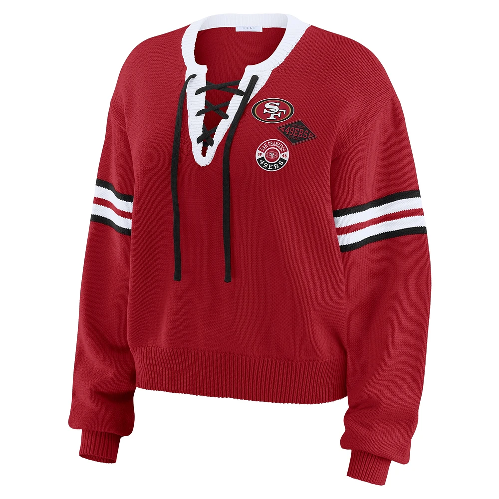 Women's WEAR by Erin Andrews Scarlet  San Francisco 49ers Lace-Up Sweater
