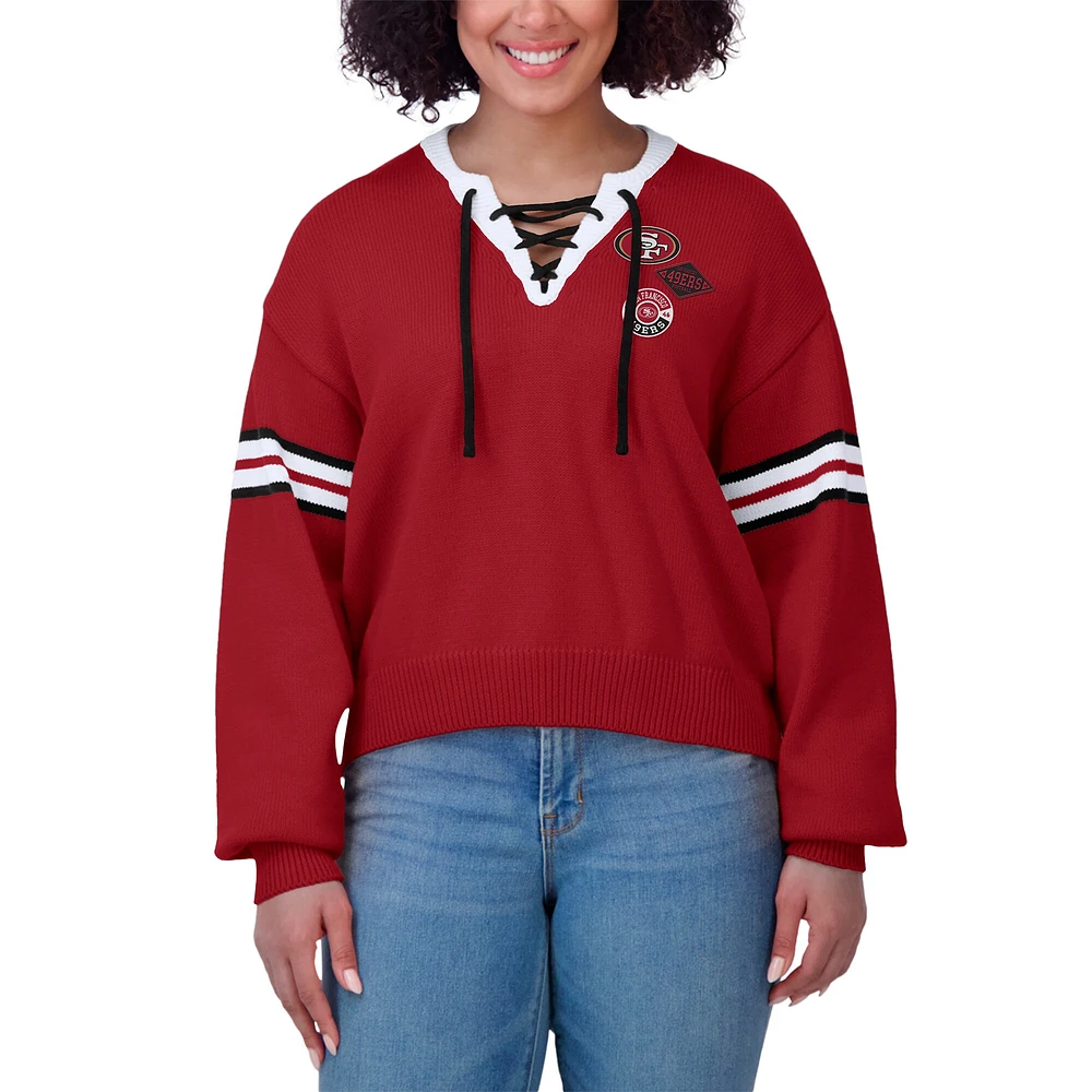 Women's WEAR by Erin Andrews Scarlet  San Francisco 49ers Lace-Up Sweater