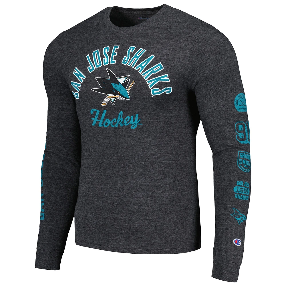T-shirt à manches longues tri-mélange multi-logo Champion Heather Black San Jose Sharks pour hommes