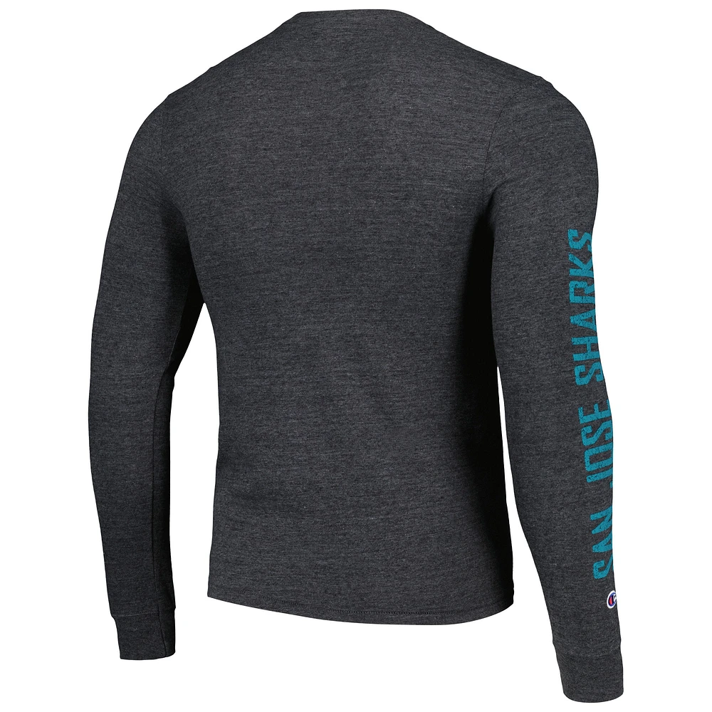 T-shirt à manches longues tri-mélange multi-logo Champion Heather Black San Jose Sharks pour hommes